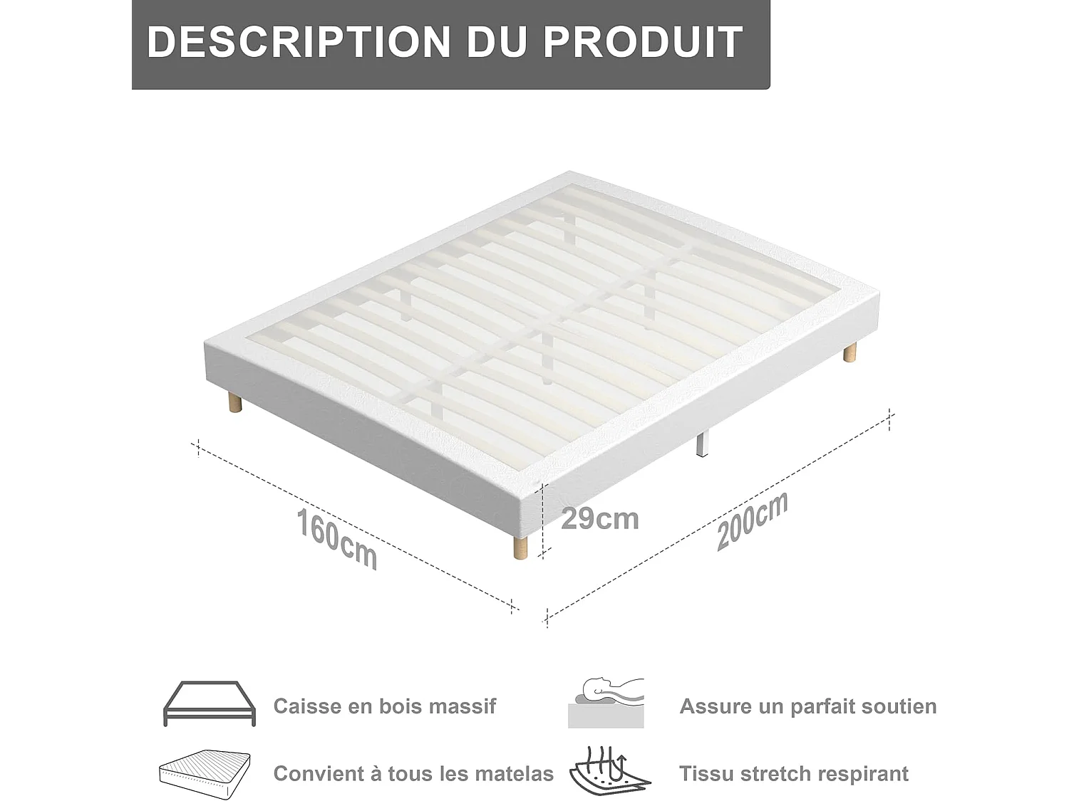 Mémoire Ensemble Composè, schuimmatras 160x200x32 cm + gestoffeerde lattenbodem, 9 poten