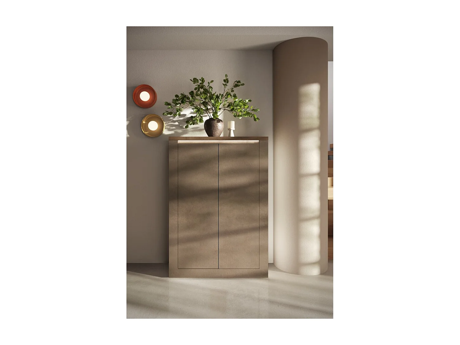 Buffet haut SASHA – 2 portes avec 3 étagères et LED – Bronze et plateau bois Mercure