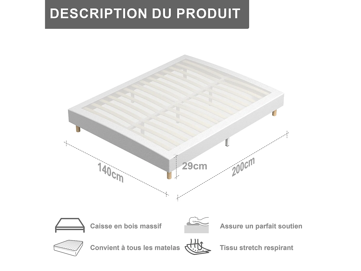 Ensemble Matelas à ressorts+ Lit Sommier Tapissier Déco 140x190cm, Epaisseur du Matelas 25cm