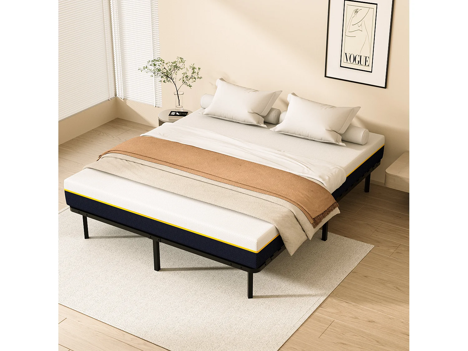 Matelas double en mousse de 21 cm + sommier à lattes de 160x200 cm avec 18 rangées de lattes