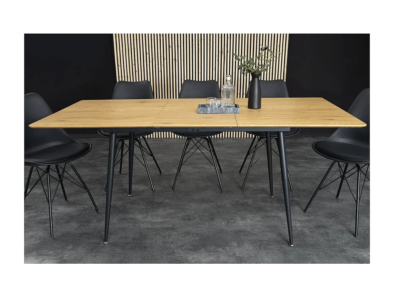 Table extensible CALDERO 120–160 cm – Table contemporaine aspect chêne sauvage et métal