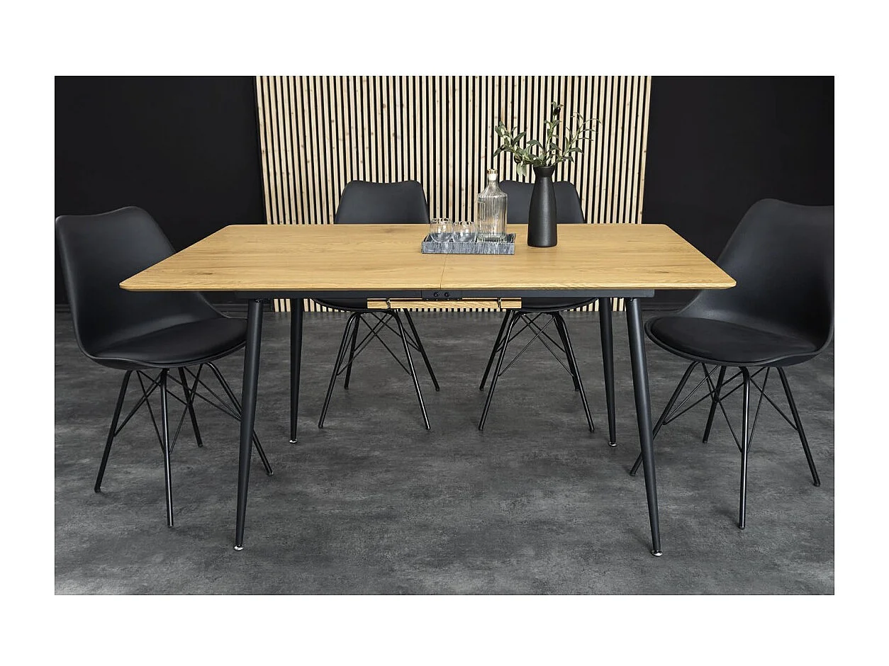 Table extensible CALDERO 120–160 cm – Table contemporaine aspect chêne sauvage et métal