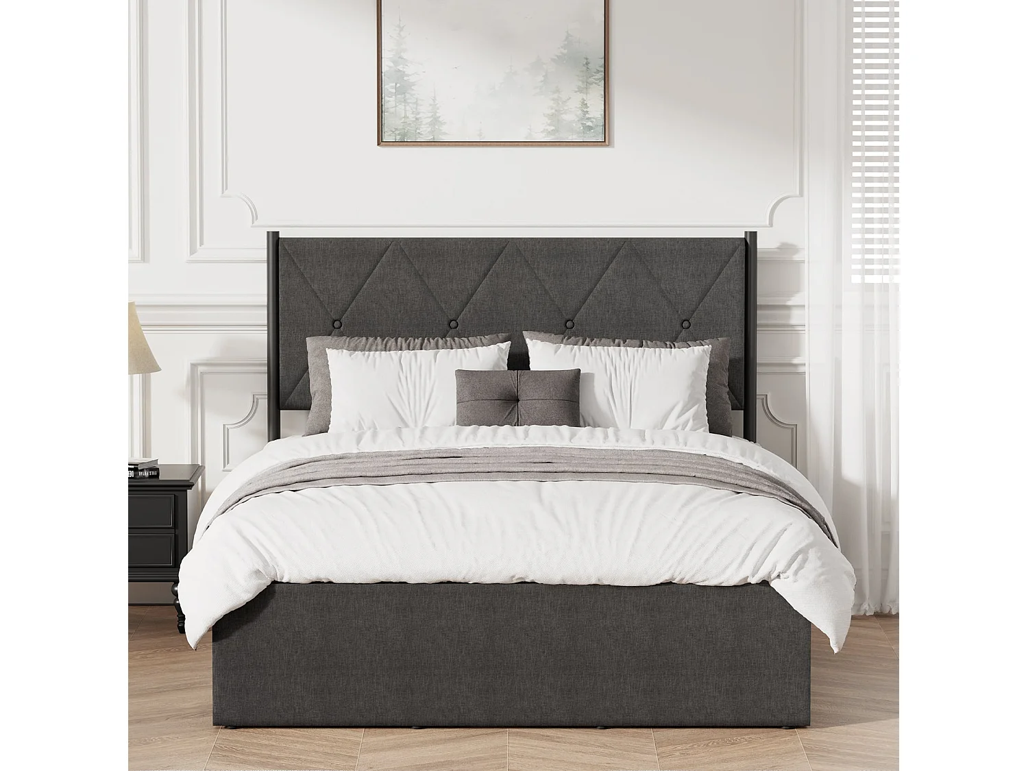 Lit Coffre 140 X 200 cm, Sommier Relevable, Avec Rangement, Tête De Lit, Gris