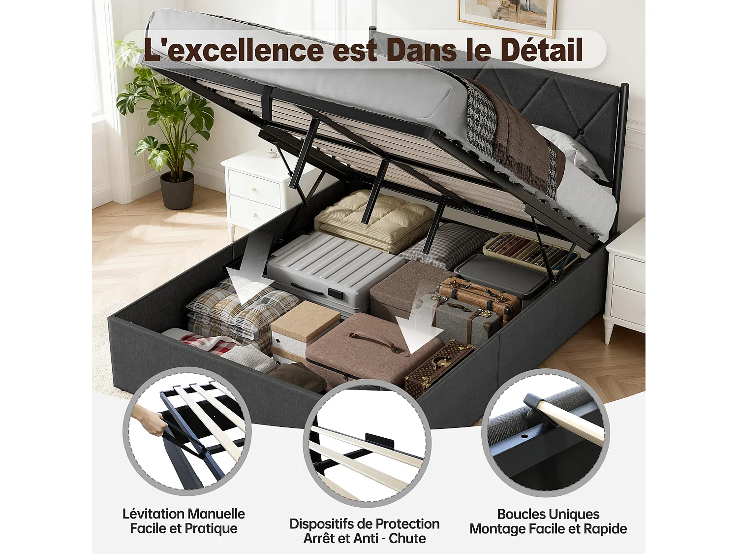 Lit Coffre 140 X 200 cm, Sommier Relevable, Avec Rangement, Tête De Lit, Gris