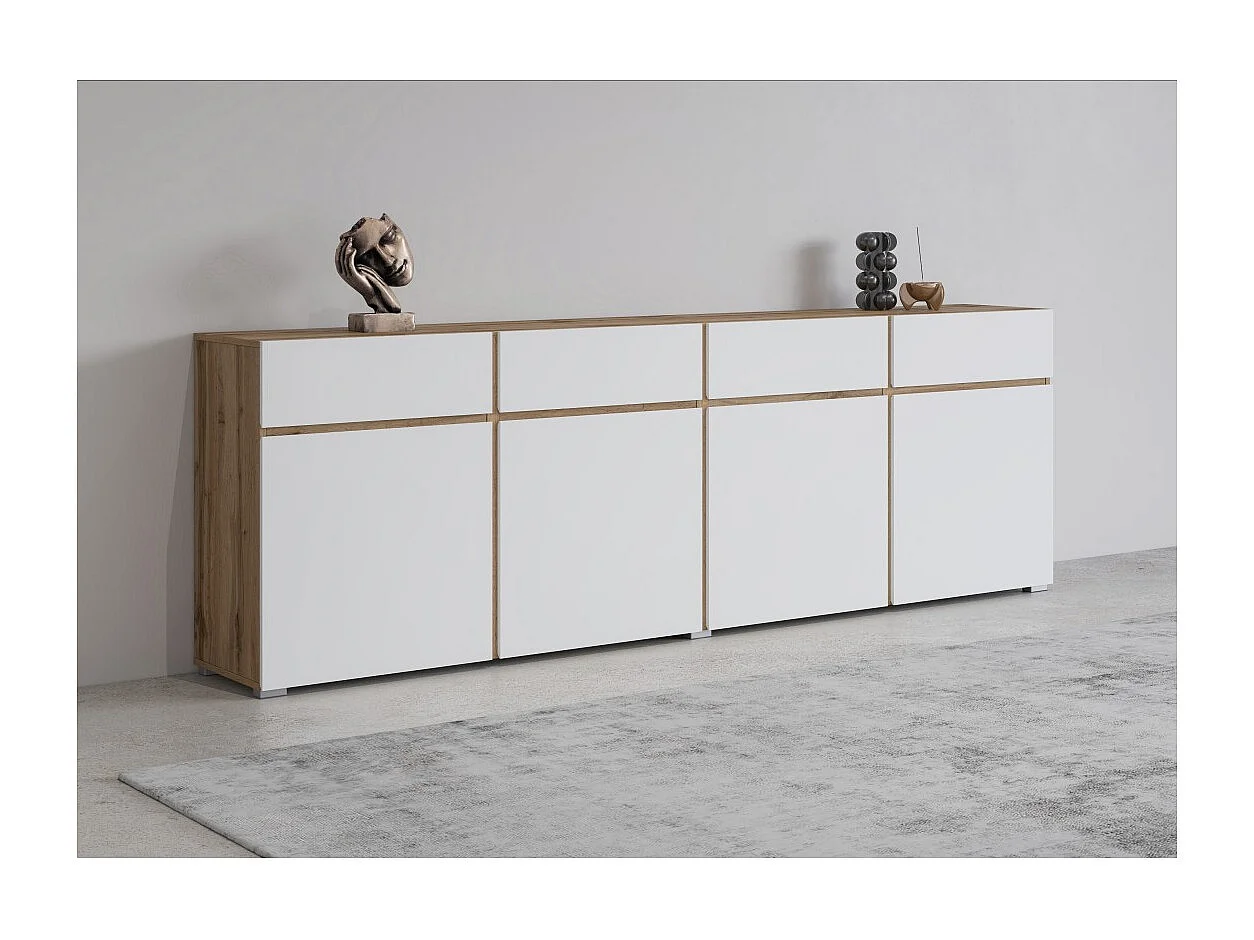Buffet XL HAVANA – 225 cm – 4 portes et 4 tiroirs – Chêne et blanc – Design moderne sans poignées