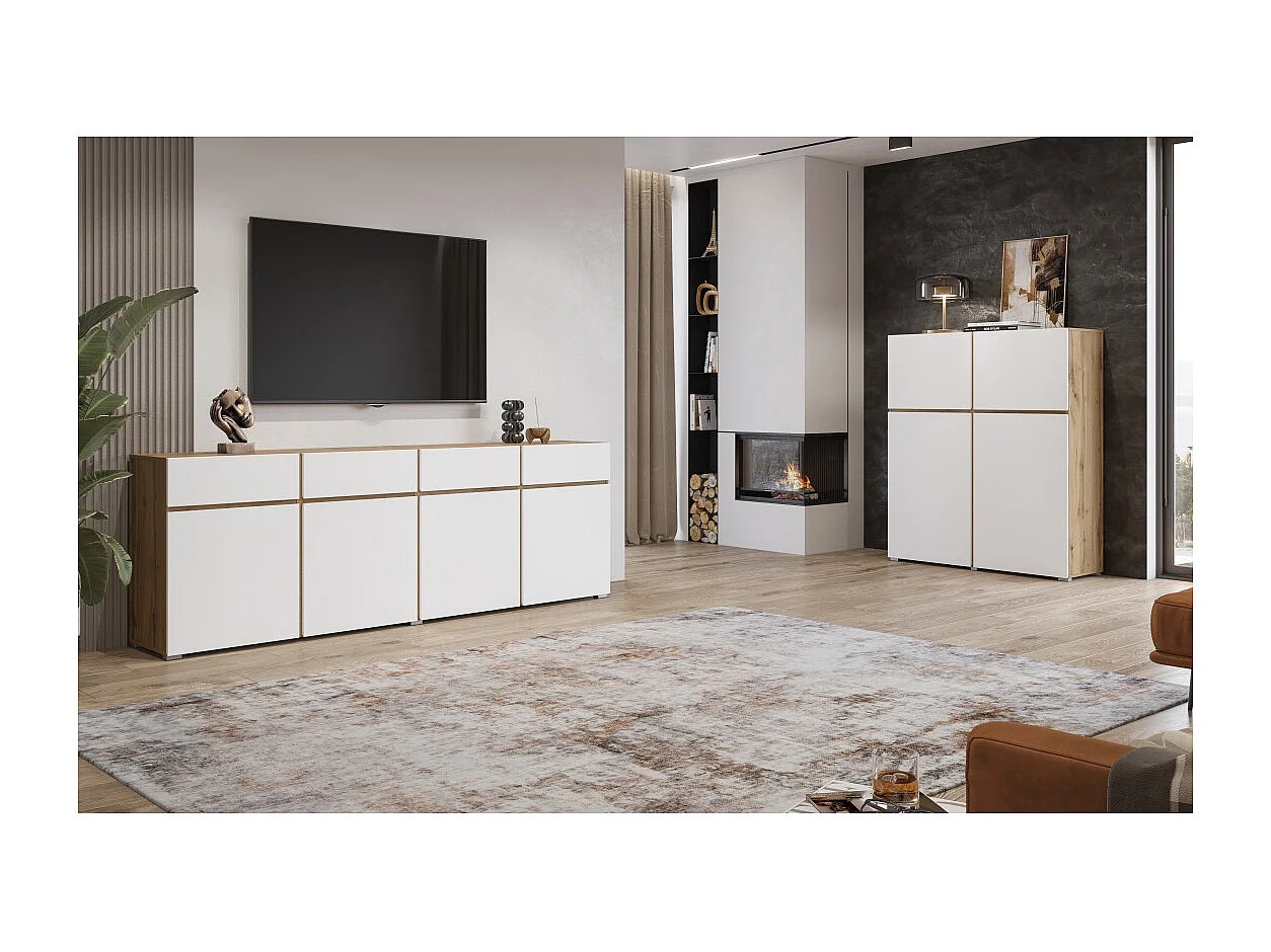 Buffet XL HAVANA – 225 cm – 4 portes et 4 tiroirs – Chêne et blanc – Design moderne sans poignées