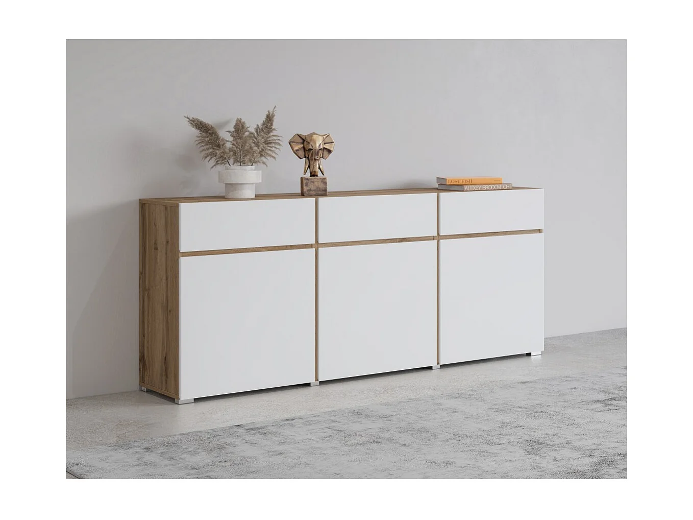 Buffet HAVANA – 180 cm – 3 portes battantes et 3 tiroirs – Chêne et blanc – Design contemporain
