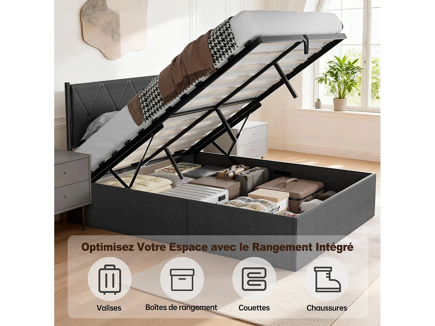 Lit Coffre 160 X 200 cm, Sommier Relevable, Avec Rangement, Tête De Lit, Gris