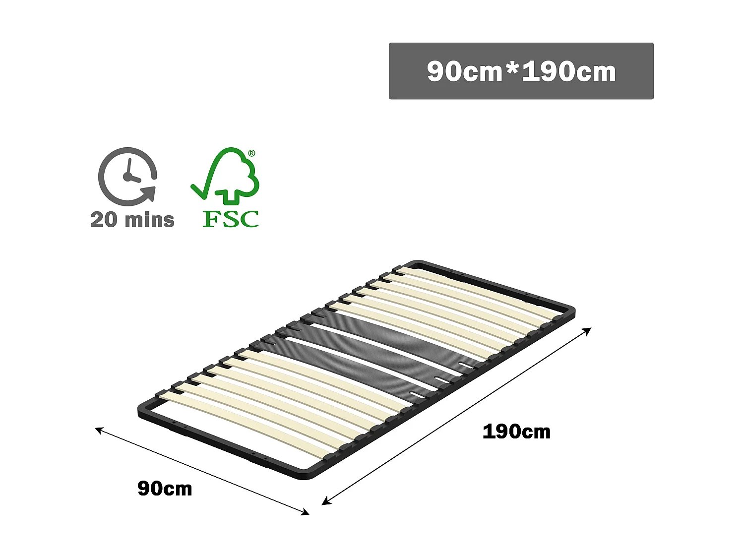 Cadre lattes 90x200 cm, 1x15 Lattes Peuplier Naturel