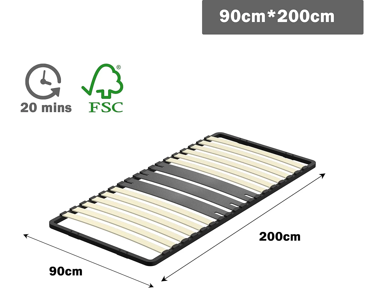 Cadre lattes 90x200 cm, 1x15 Lattes Peuplier Naturel
