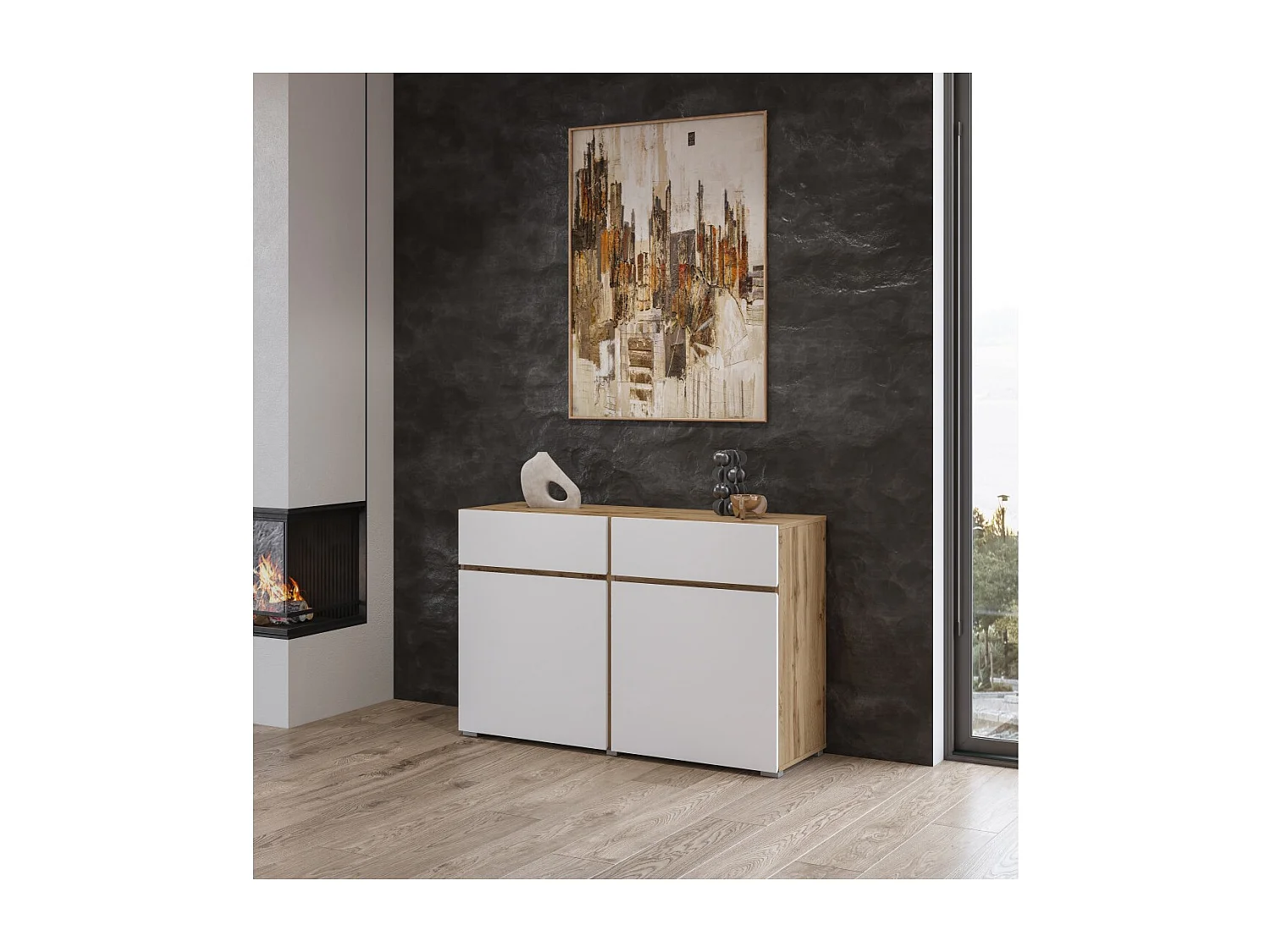 Buffet HAVANA – 120 cm – 2 draaideuren en 2 laden – Eiken en wit – Modern ontwerp