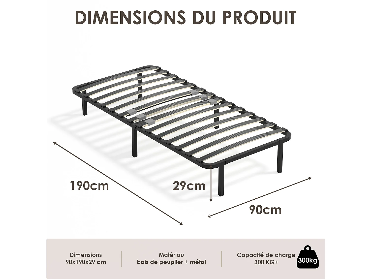 Sommier cadre à lattes 90x190 cm, 1x14 rangs,6 repose-pieds