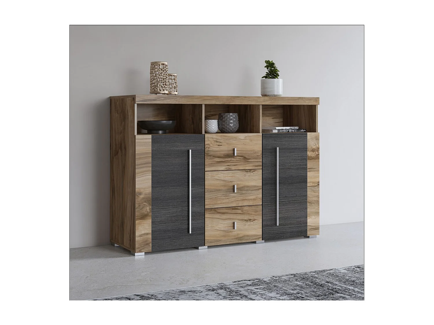 Buffet BRAZZA 2 puertas 3 cajones – Color nogal satinado – Nichos abiertos – 132 cm