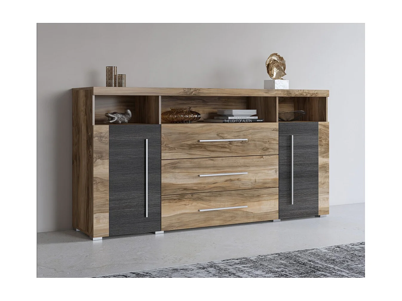 Buffet BRAZZA 2 deuren 3 laden – Kleur satijn notelaar – Open nissen – 182 cm