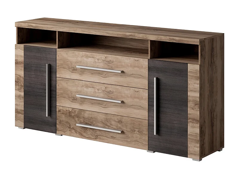 Buffet BRAZZA 2 deuren 3 laden – Kleur satijn notelaar – Open nissen – 182 cm