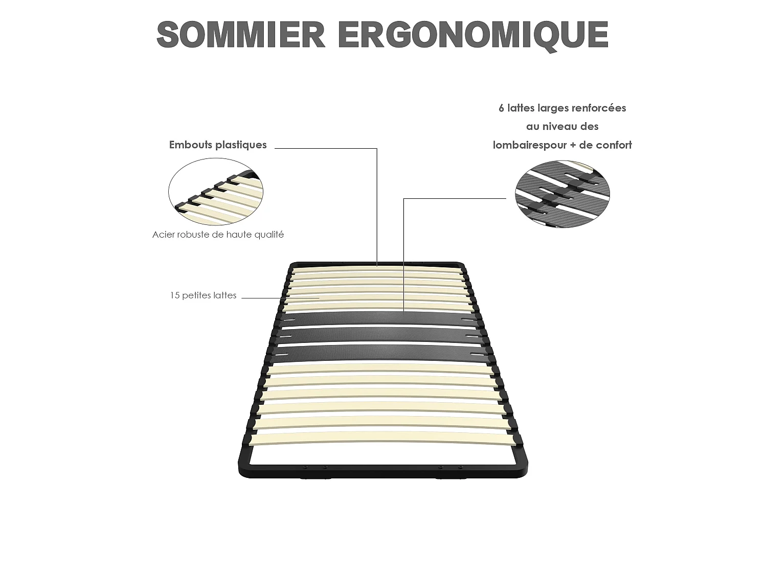 Cadre lattes 120x190 cm, 1x15 Lattes Peuplier Naturel,sans pieds