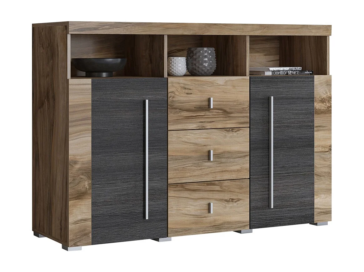 Buffet BRAZZA 4 deuren – Grote opbergruimte in satijn notenhout – Decoratieve nissen – 182 cm