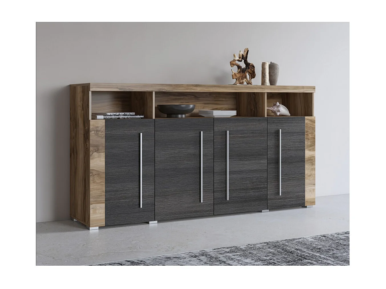Buffet BRAZZA 4 deuren – Grote opbergruimte in satijn notenhout – Decoratieve nissen – 182 cm