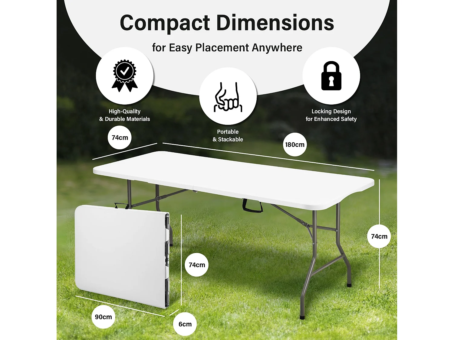 Table de jardin, Table pliante 180 x 74 x 74 cm, 6 ou 8 places, table pliante d'extérieur avec verrou de sécurité, poignée de transport