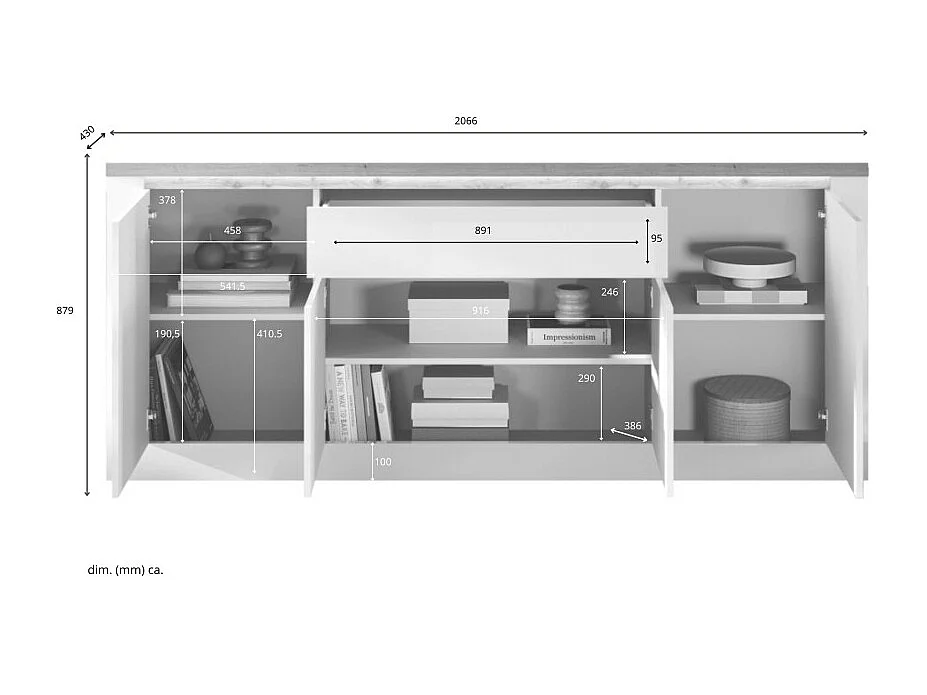 Buffet SASHA – 4 portes + 1 tiroir avec LED intégrée – Blanc laqué et Chêne Cadiz