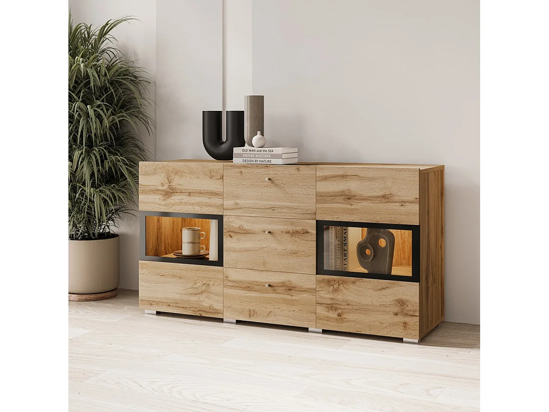 Buffet RAMOS 130 cm – Gouden eiken en zwart – 2 glazen deuren en 3 laden – Zonder LED