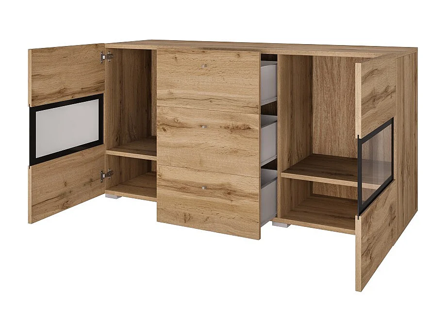 Buffet RAMOS 130 cm – Gouden eiken en zwart – 2 glazen deuren en 3 laden – Zonder LED