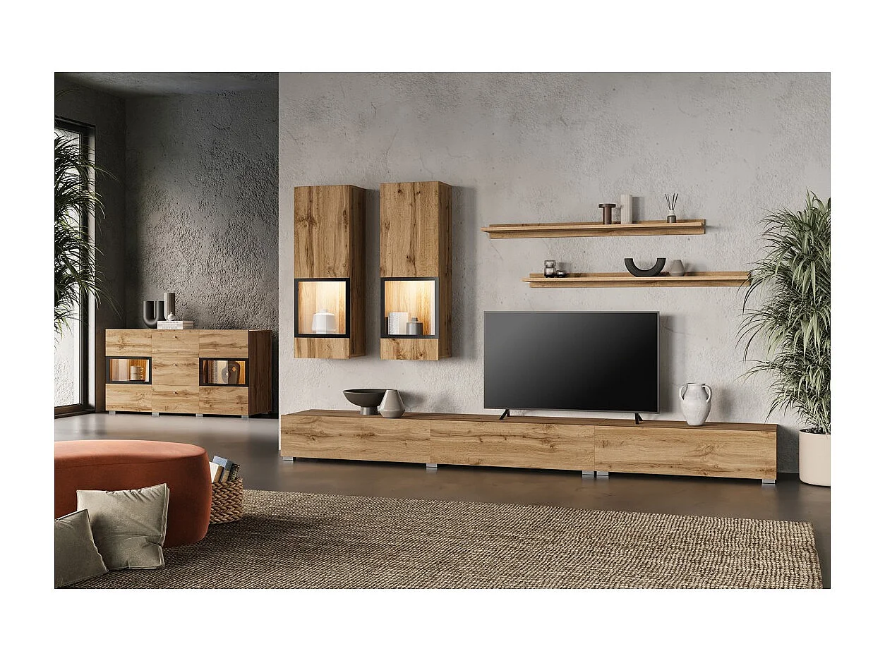 Buffet RAMOS 130 cm – Gouden eiken en zwart – 2 glazen deuren en 3 laden – Zonder LED