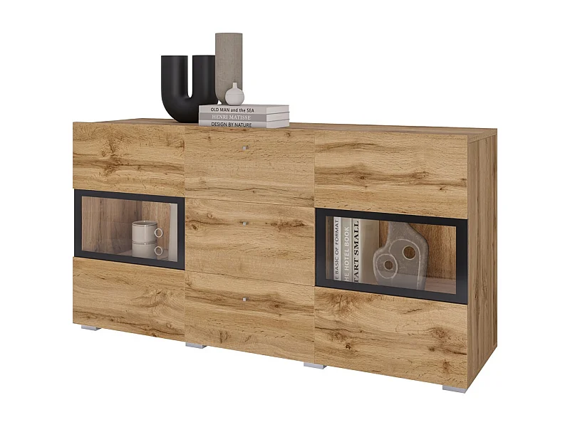 Buffet RAMOS 130 cm – Gouden eiken en zwart – 2 glazen deuren en 3 laden – Zonder LED