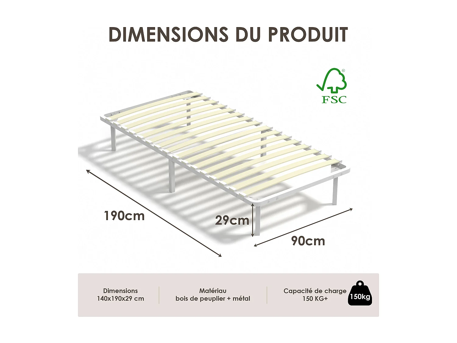 Cadre à lattes 90 x 190 cm - comprend 6 pieds