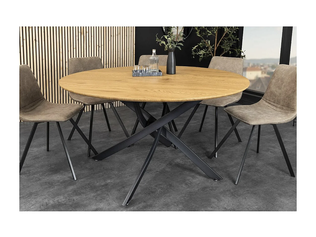 Table de salle à manger COURBAX ronde 120 cm – Table industrielle aspect chêne sauvage et métal