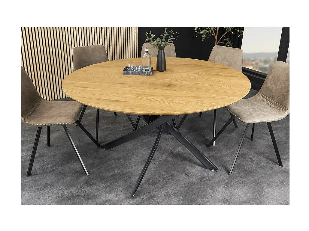 Table de salle à manger COURBAX ronde 120 cm – Table industrielle aspect chêne sauvage et métal