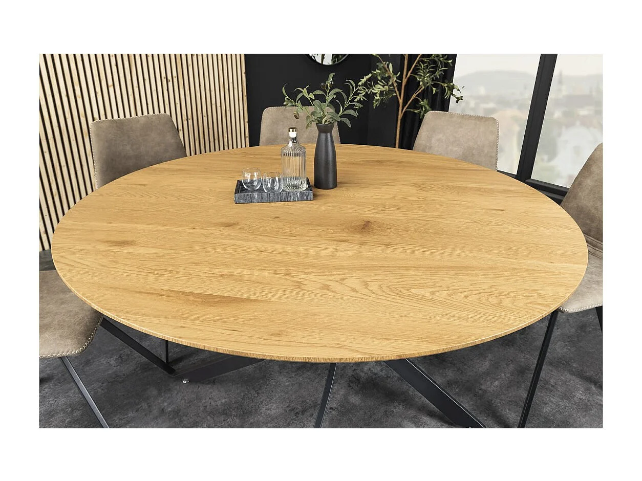 Table de salle à manger COURBAX ronde 120 cm – Table industrielle aspect chêne sauvage et métal
