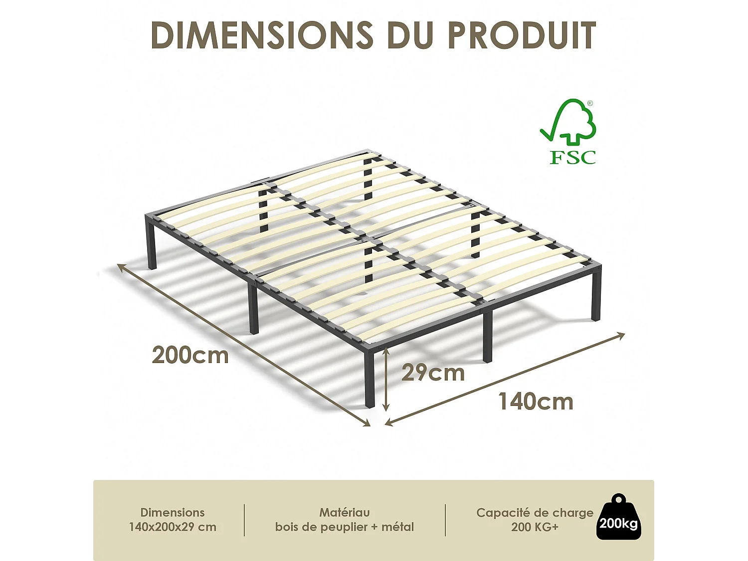 Sommier à lattes 140x200 | 2 rangées de 14 lattes | 9 pieds | Montage facile