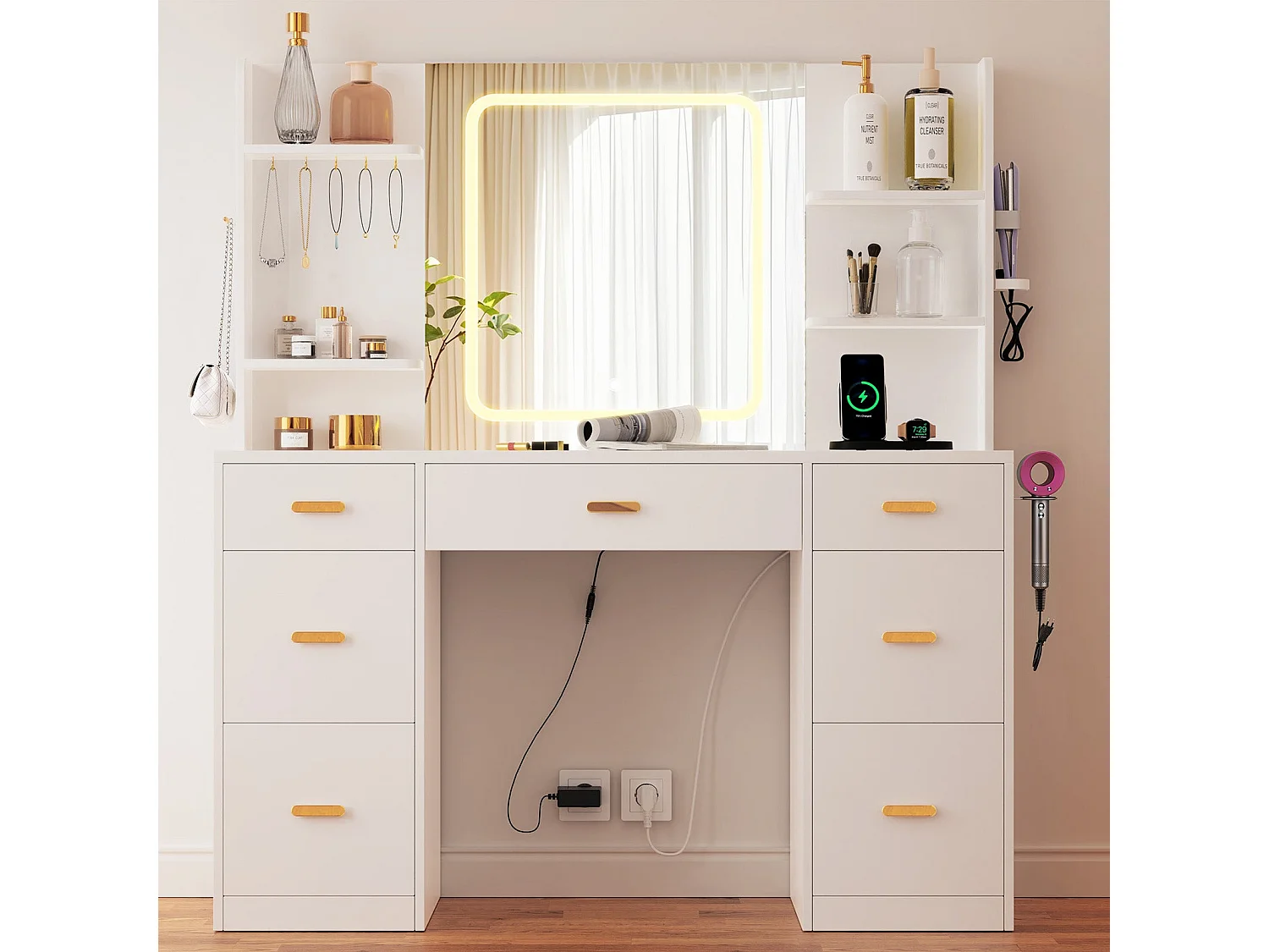 Coiffeuse | Miroir Coiffeuse avec Éclairage LED | Luminosité Réglable | 7 Tiroirs | 4 Étagères et 5 Crochets | Coiffeuse avec Miroir pour Chambre