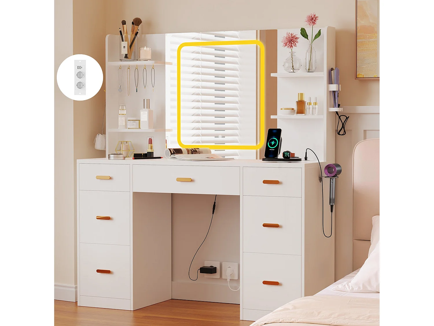 Coiffeuse | Miroir Coiffeuse avec Éclairage LED | Luminosité Réglable | 7 Tiroirs | 4 Étagères et 5 Crochets | Coiffeuse avec Miroir pour Chambre