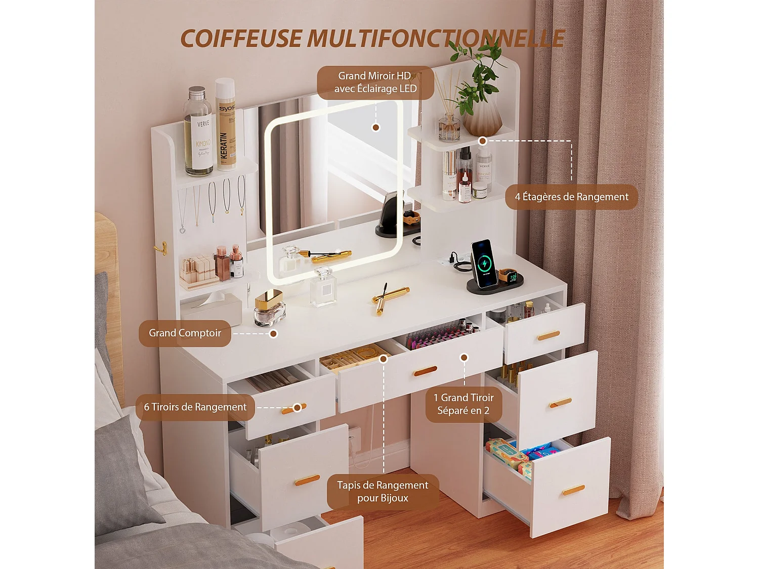 Coiffeuse | Miroir Coiffeuse avec Éclairage LED | Luminosité Réglable | 7 Tiroirs | 4 Étagères et 5 Crochets | Coiffeuse avec Miroir pour Chambre