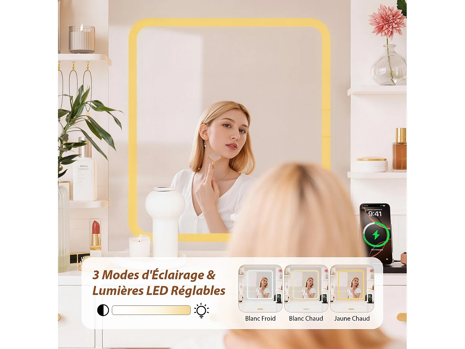 Coiffeuse | Miroir Coiffeuse avec Éclairage LED | Luminosité Réglable | 7 Tiroirs | 4 Étagères et 5 Crochets | Coiffeuse avec Miroir pour Chambre