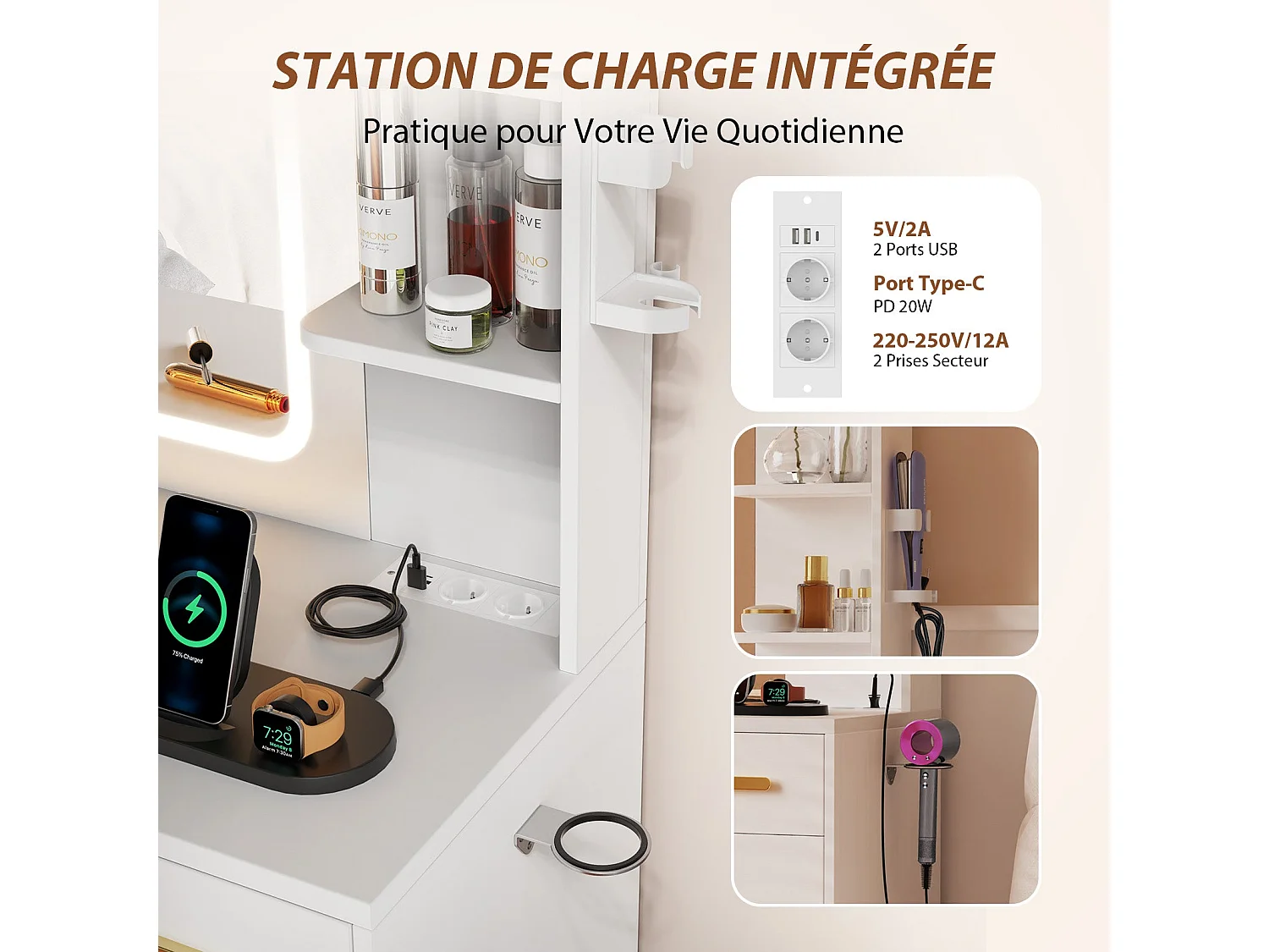 Coiffeuse | Miroir Coiffeuse avec Éclairage LED | Luminosité Réglable | 7 Tiroirs | 4 Étagères et 5 Crochets | Coiffeuse avec Miroir pour Chambre