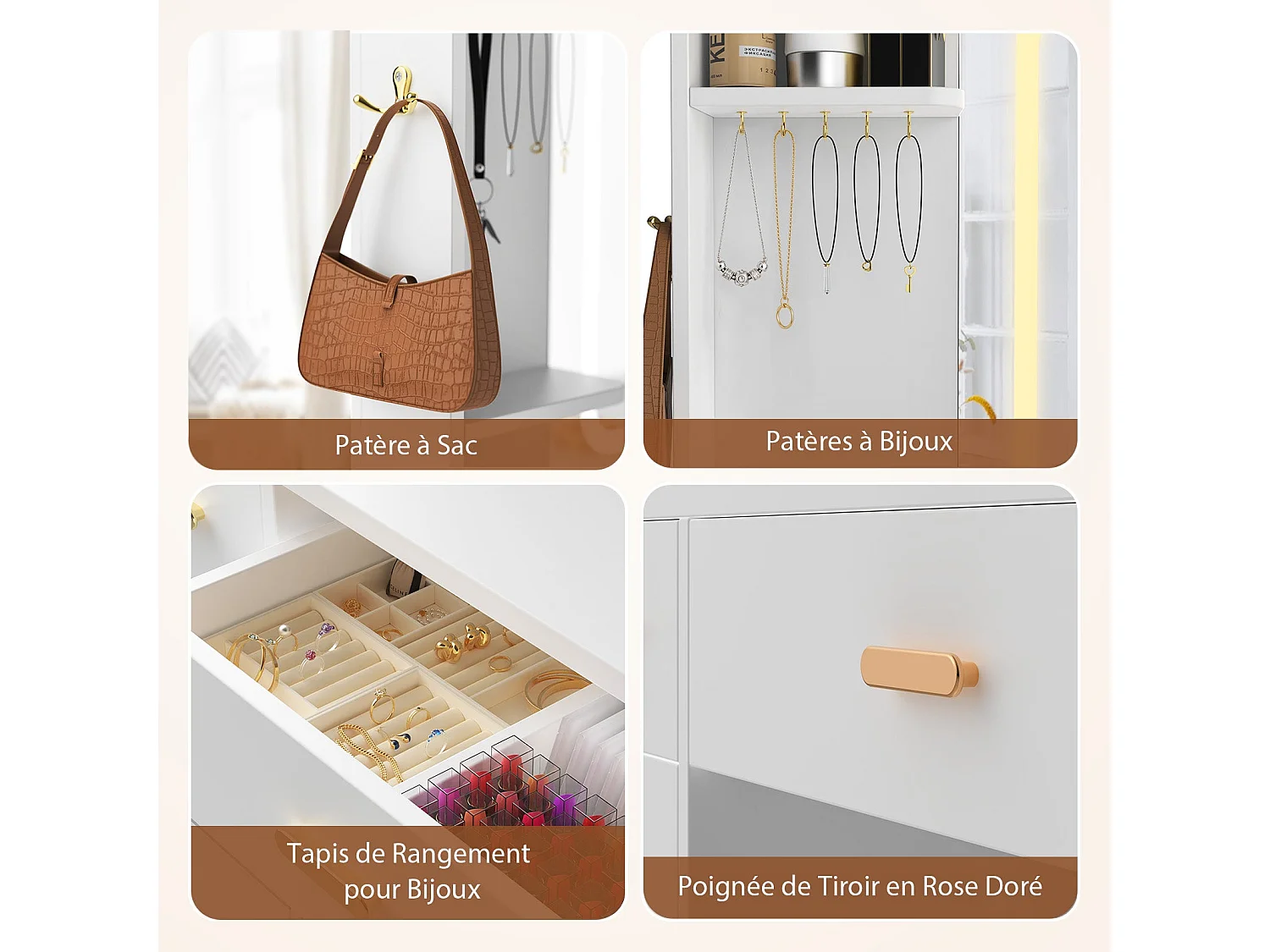 Coiffeuse | Miroir Coiffeuse avec Éclairage LED | Luminosité Réglable | 7 Tiroirs | 4 Étagères et 5 Crochets | Coiffeuse avec Miroir pour Chambre