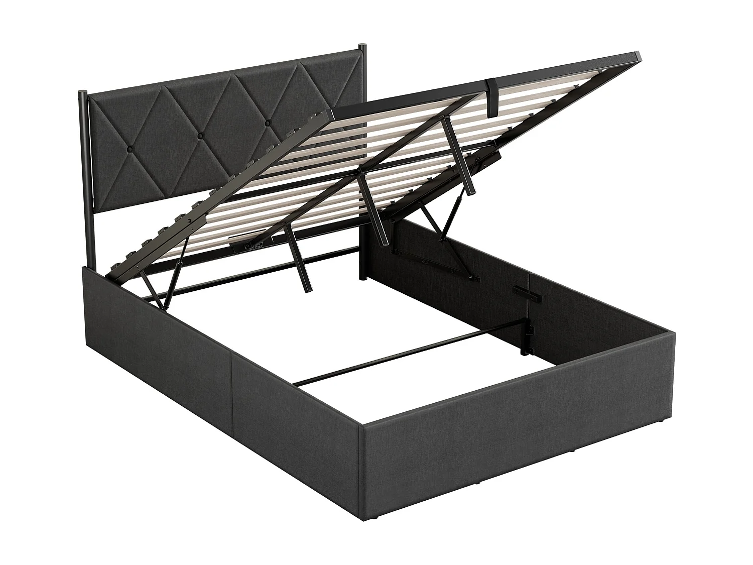 Lit Coffre 140 X 190 cm, Sommier Relevable, Avec Rangement, Tête De Lit, Gris