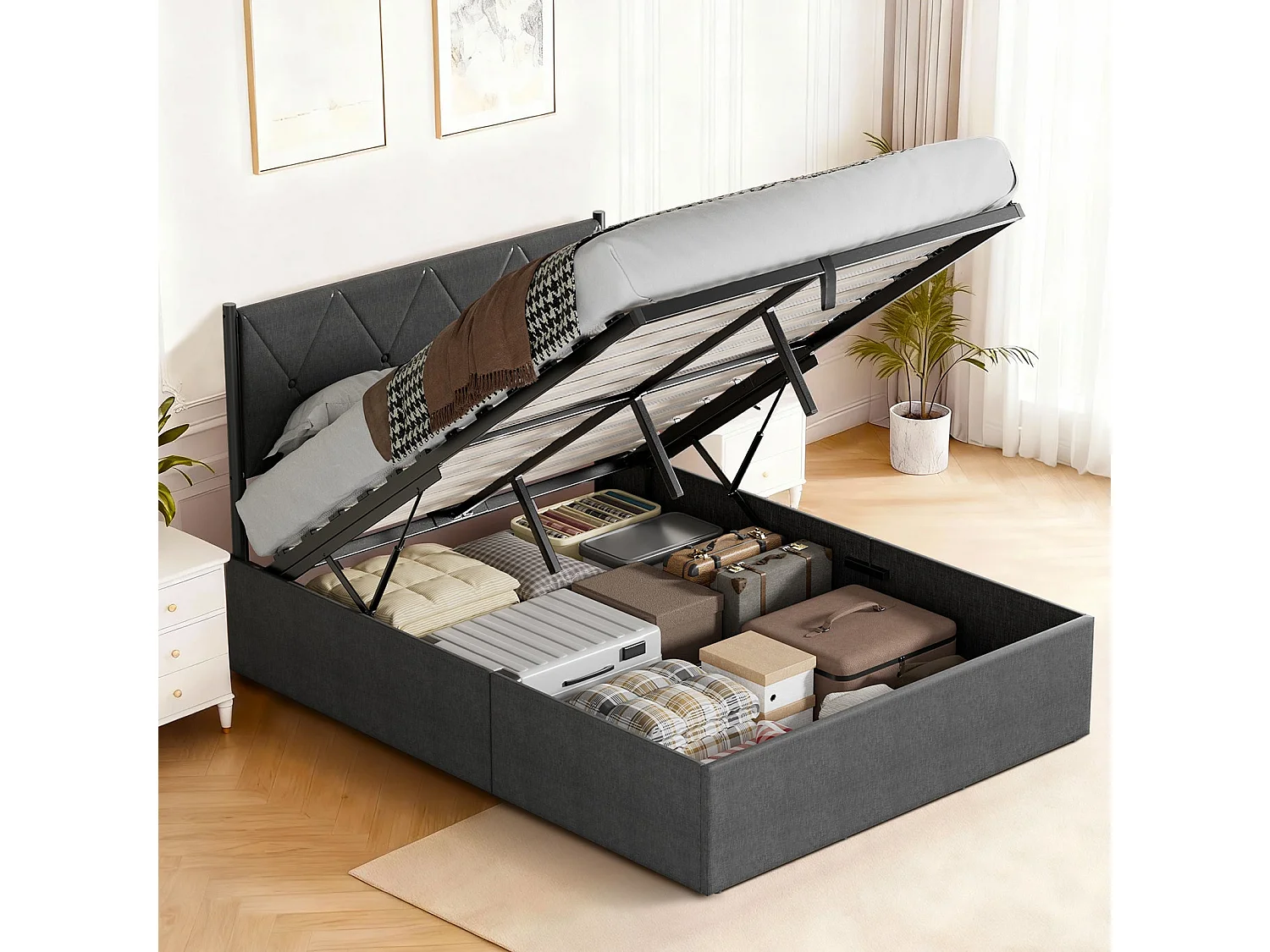 Lit Coffre 140 X 190 cm, Sommier Relevable, Avec Rangement, Tête De Lit, Gris