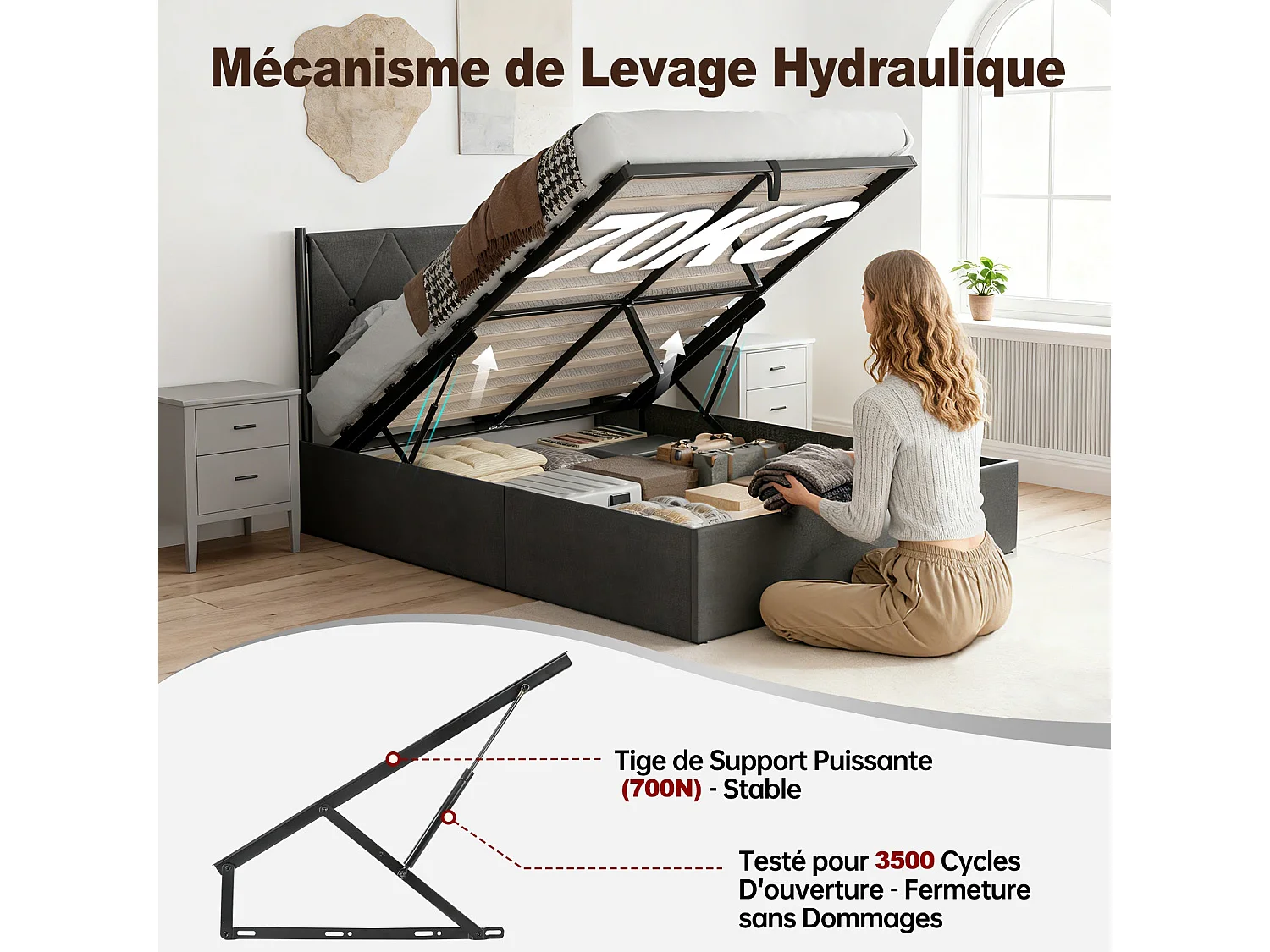 Lit Coffre 140 X 190 cm, Sommier Relevable, Avec Rangement, Tête De Lit, Gris