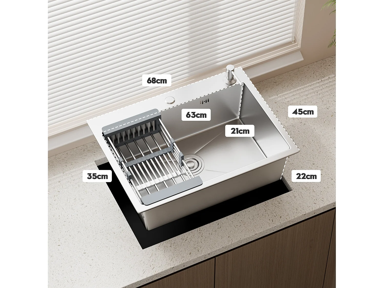 Évier multifonctionnel 70 x 45 x 22 cm avec égouttoir à tasses, distributeur de savon, panier de rangement et planche à découper Évier en acier