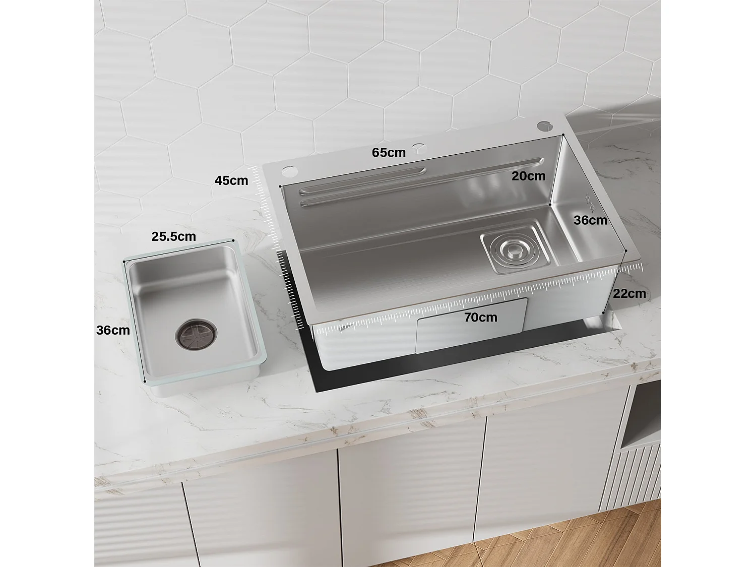 Évier multifonctionnel 70 x 45 x 22 cm avec égouttoir à tasses, distributeur de savon, panier de