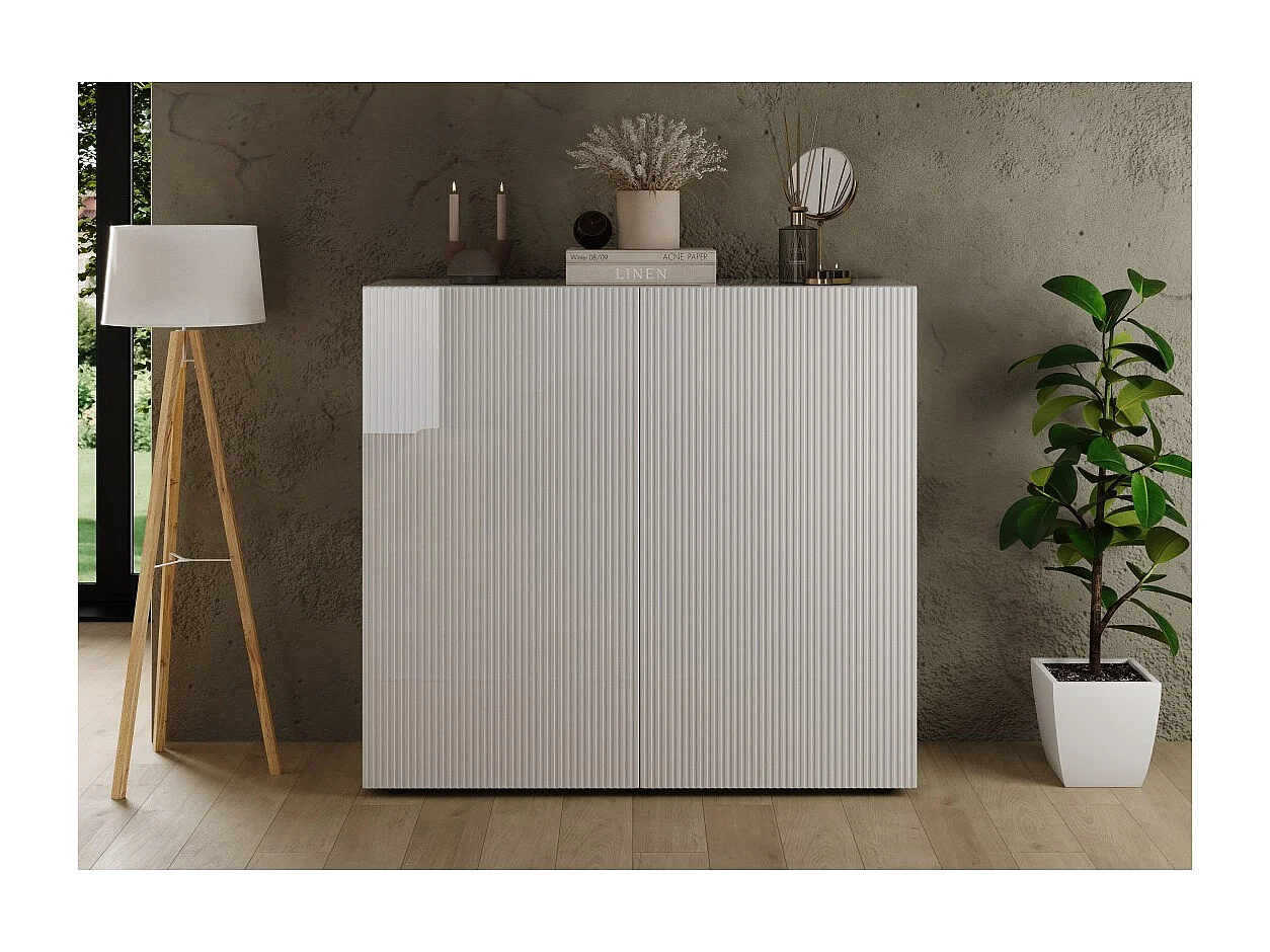 Buffet haut SCENA – L121 x H111 x P42 cm – 2 portes – Blanc laqué brillant