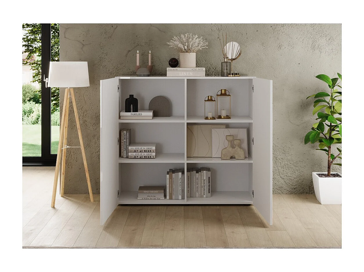 Buffet haut SCENA – L121 x H111 x P42 cm – 2 portes – Blanc laqué brillant