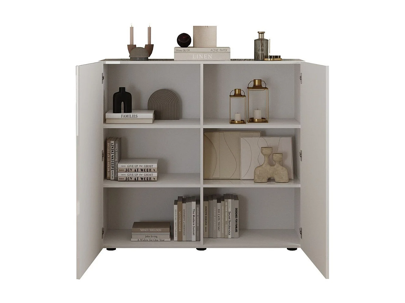Buffet haut SCENA – L121 x H111 x P42 cm – 2 portes – Blanc laqué brillant