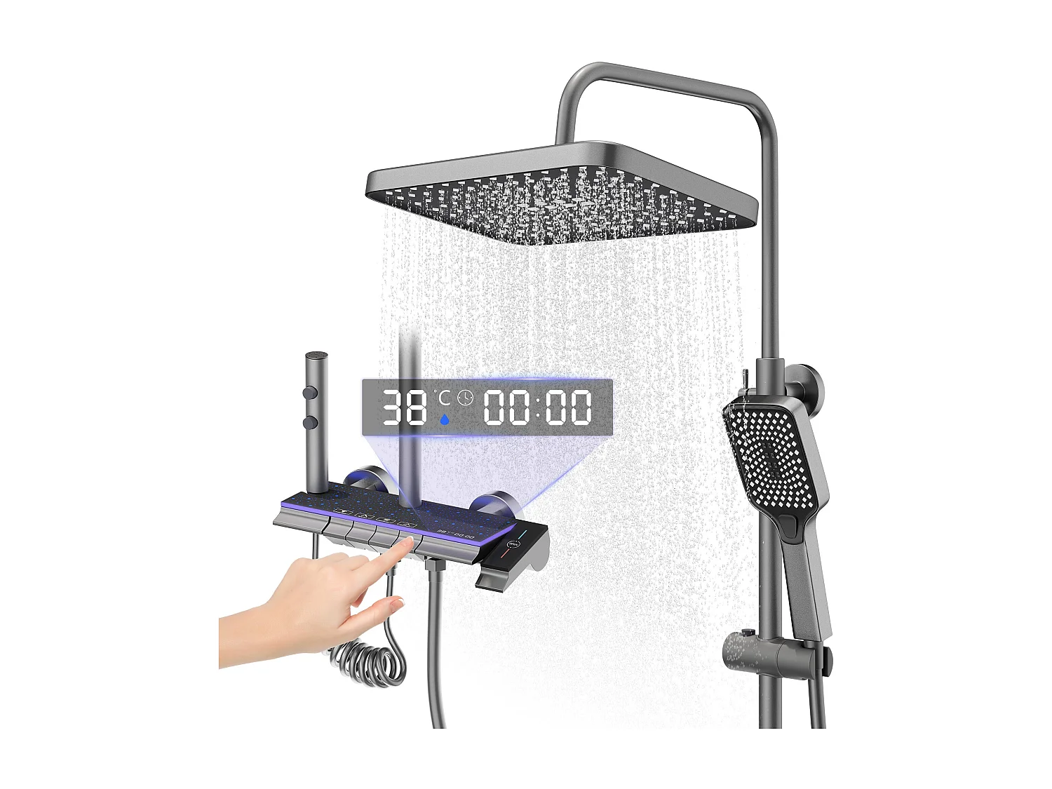 Colonne de douche en alliage de titane gris, pomme de douche rectangulaire, 4 modes de jet, affichage LED ciel étoilé, douchette à main réglable
