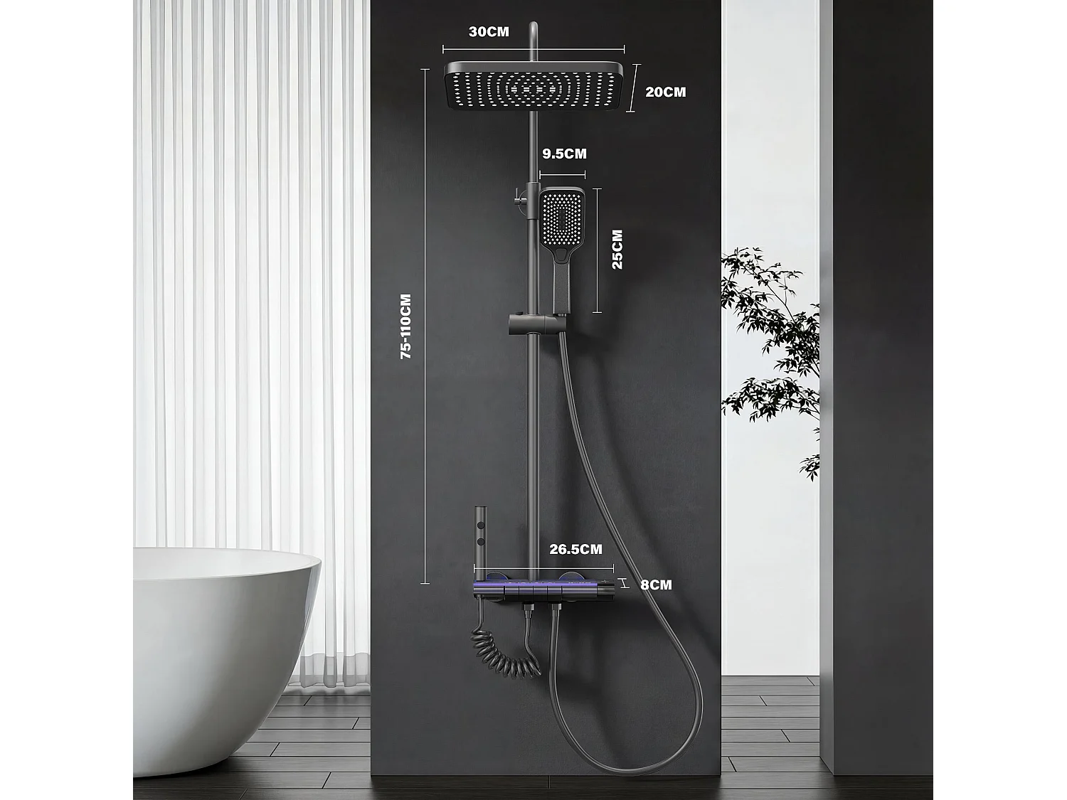 Colonne de douche en alliage de titane gris, pomme de douche rectangulaire, 4 modes de jet, affichage LED ciel étoilé, douchette à main réglable