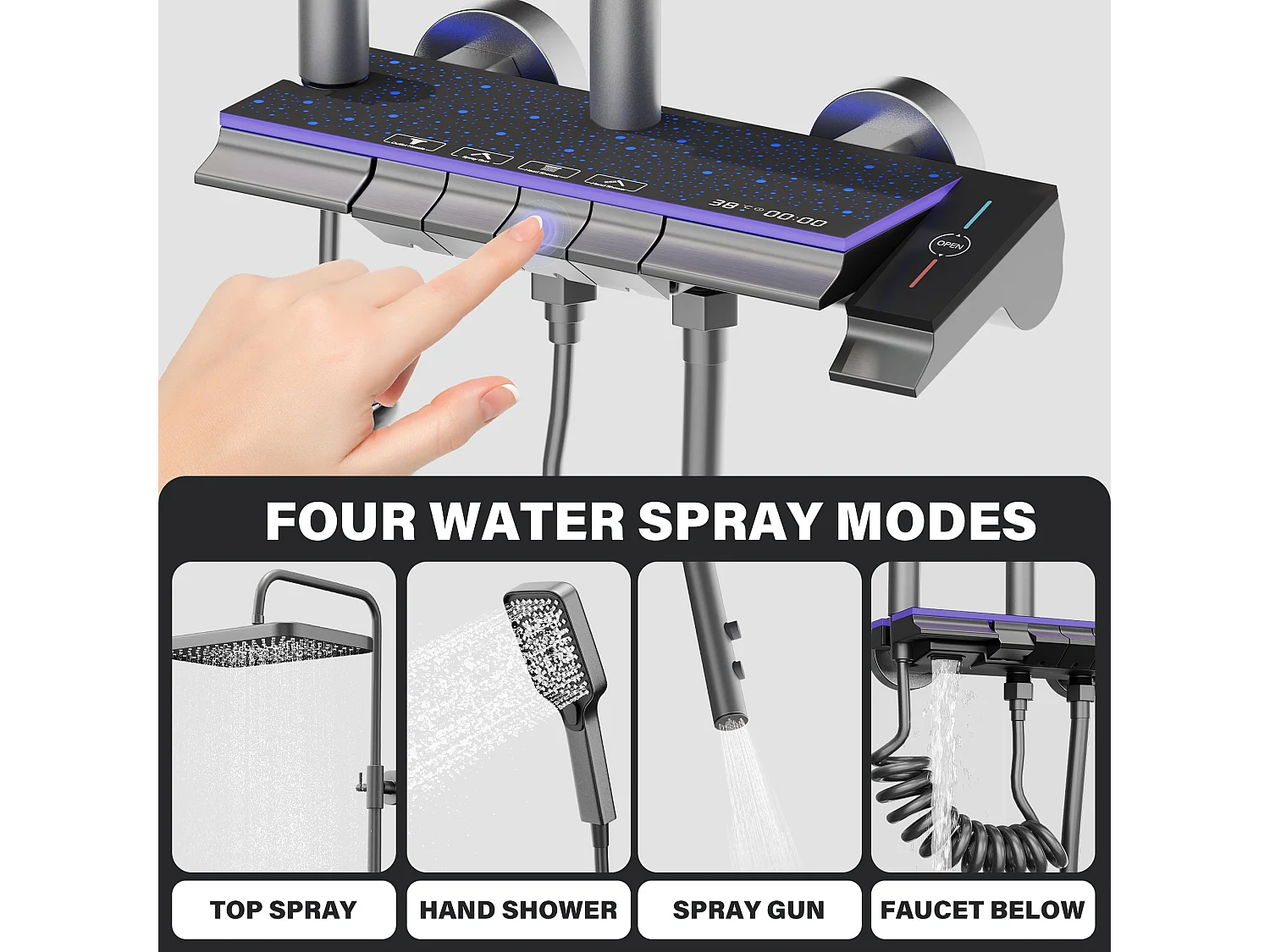 Colonne de douche en alliage de titane gris, pomme de douche rectangulaire, 4 modes de jet, affichage LED ciel étoilé, douchette à main réglable